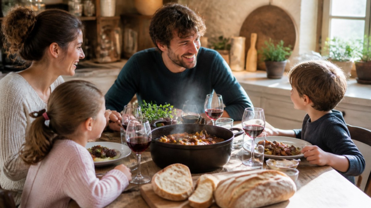 Une famille partage une daube autour de la table
