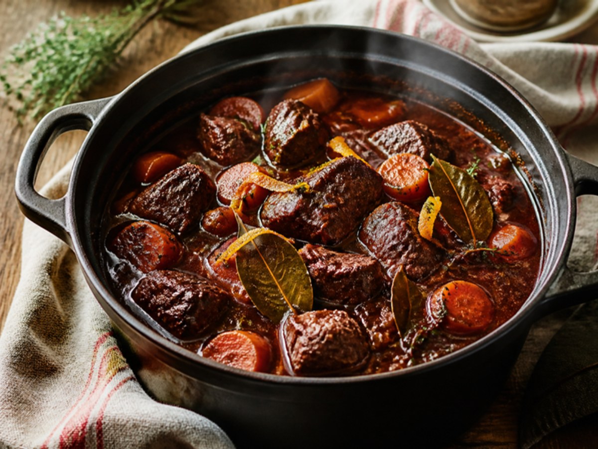 Daube provençale fumante dans sa cocotte en fonte