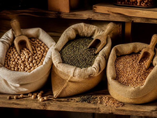 Sacs de pois chiches, lentilles et petit épeautre