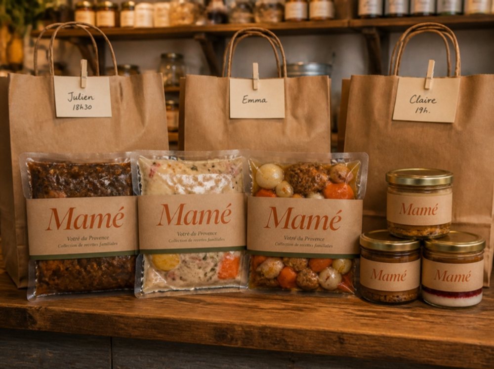 Commandes prêtes à emporter, en sachets et pots Mamé, sur le comptoir de la cuisine