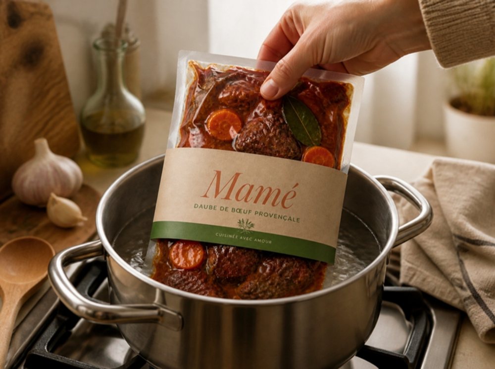 Sachet Mamé qui se réchauffe dans une casserole d'eau